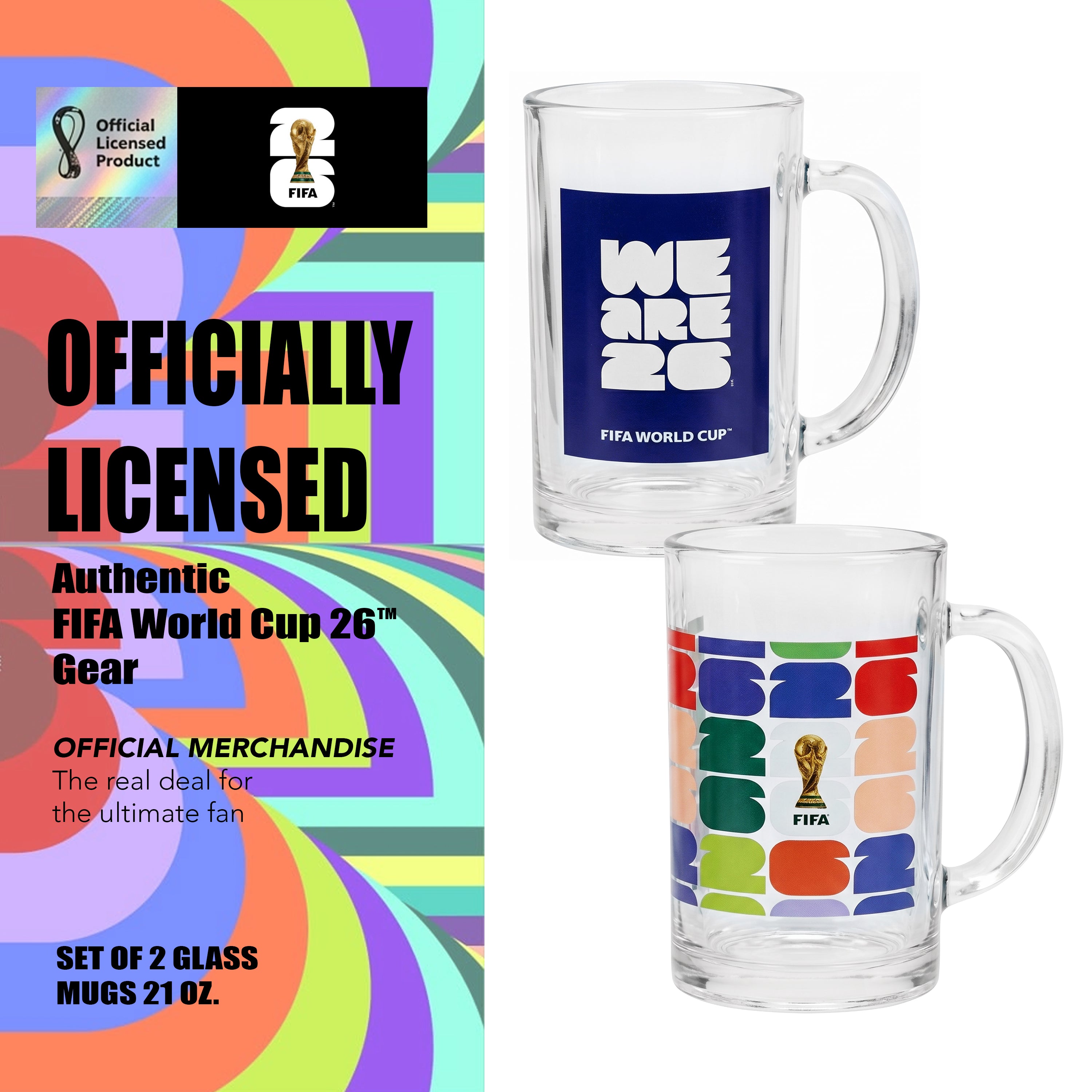 Atelier Sportif Official FIFA We Are 26 & Trophy Set of 2 Glass Mugs With Handle  21 OZ.