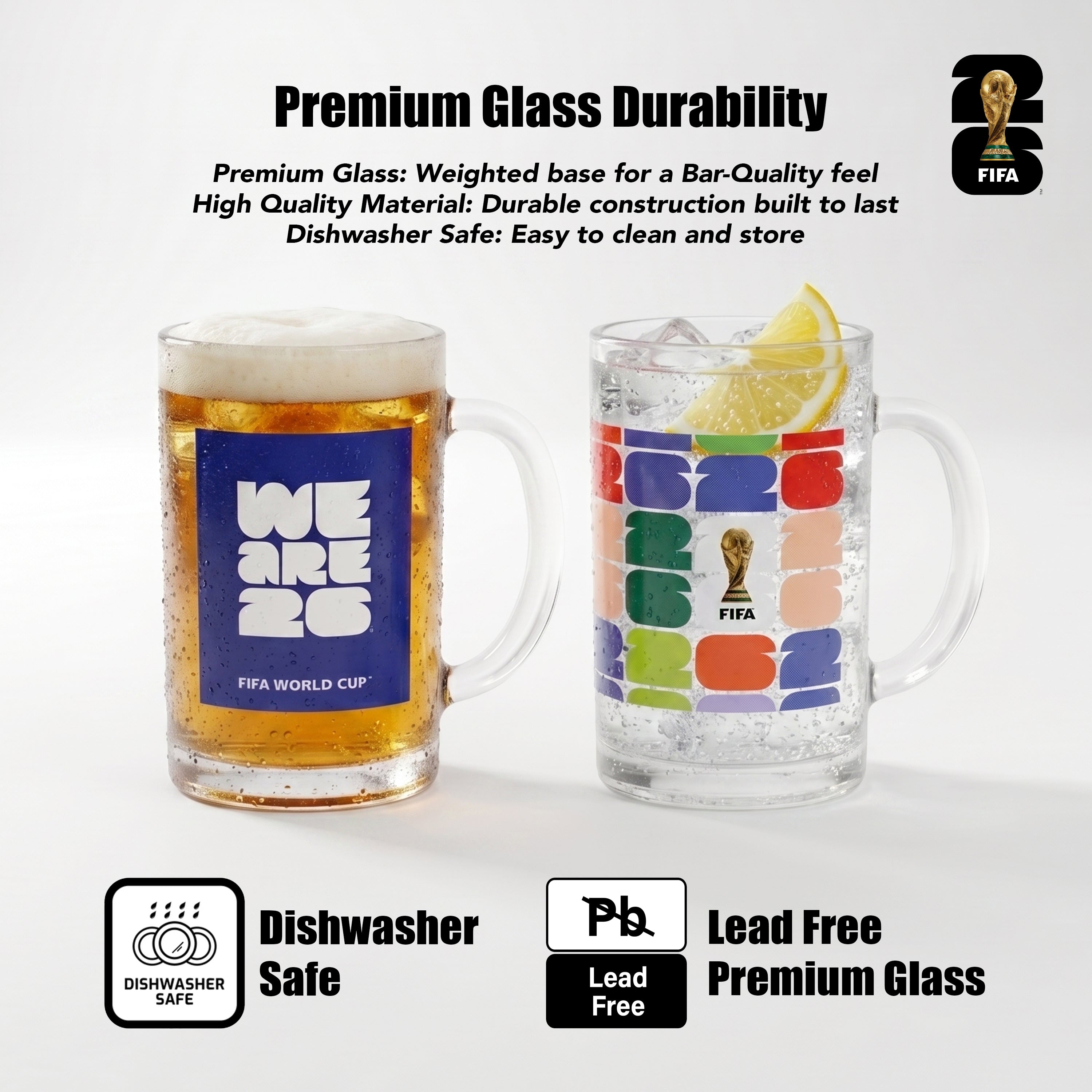 Atelier Sportif Official FIFA We Are 26 & Trophy Set of 2 Glass Mugs With Handle  21 OZ.